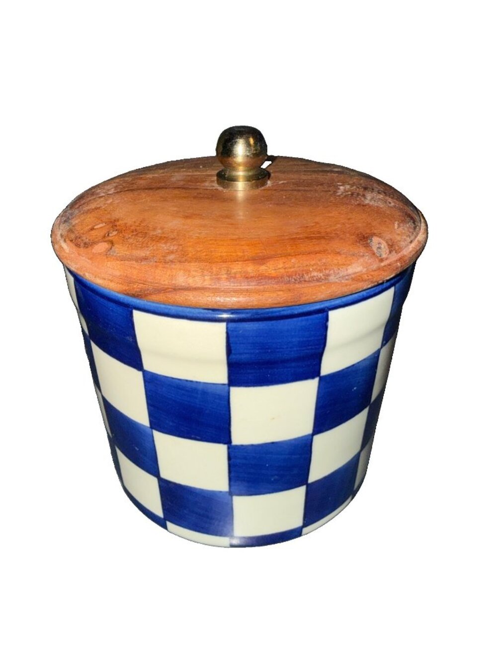 Blue & White Checked Round Ceramic  Canister w/ Acacia Wood Lid, 1 Qt